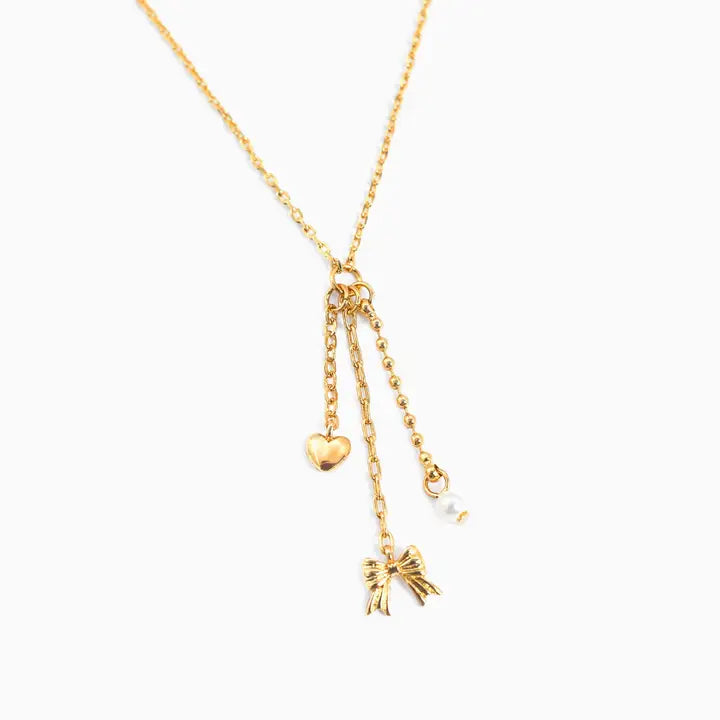 Bow, Heart, and Pearl Drop Necklace