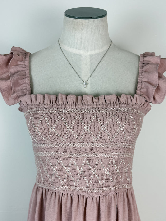 Kori Ruffle Strap Smocked Dress in Mauve