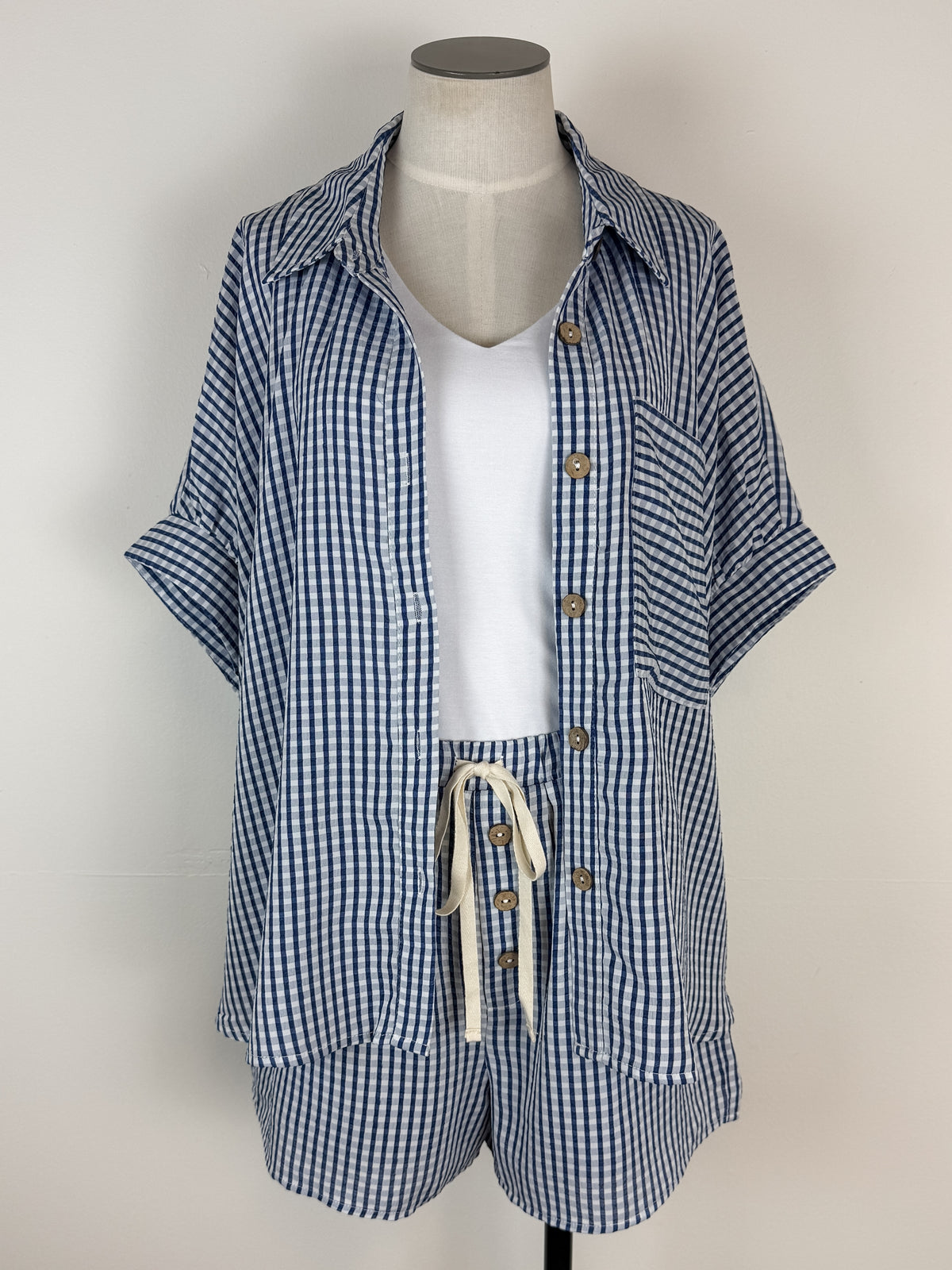 Sarah Gingham Button Up Set in Navy