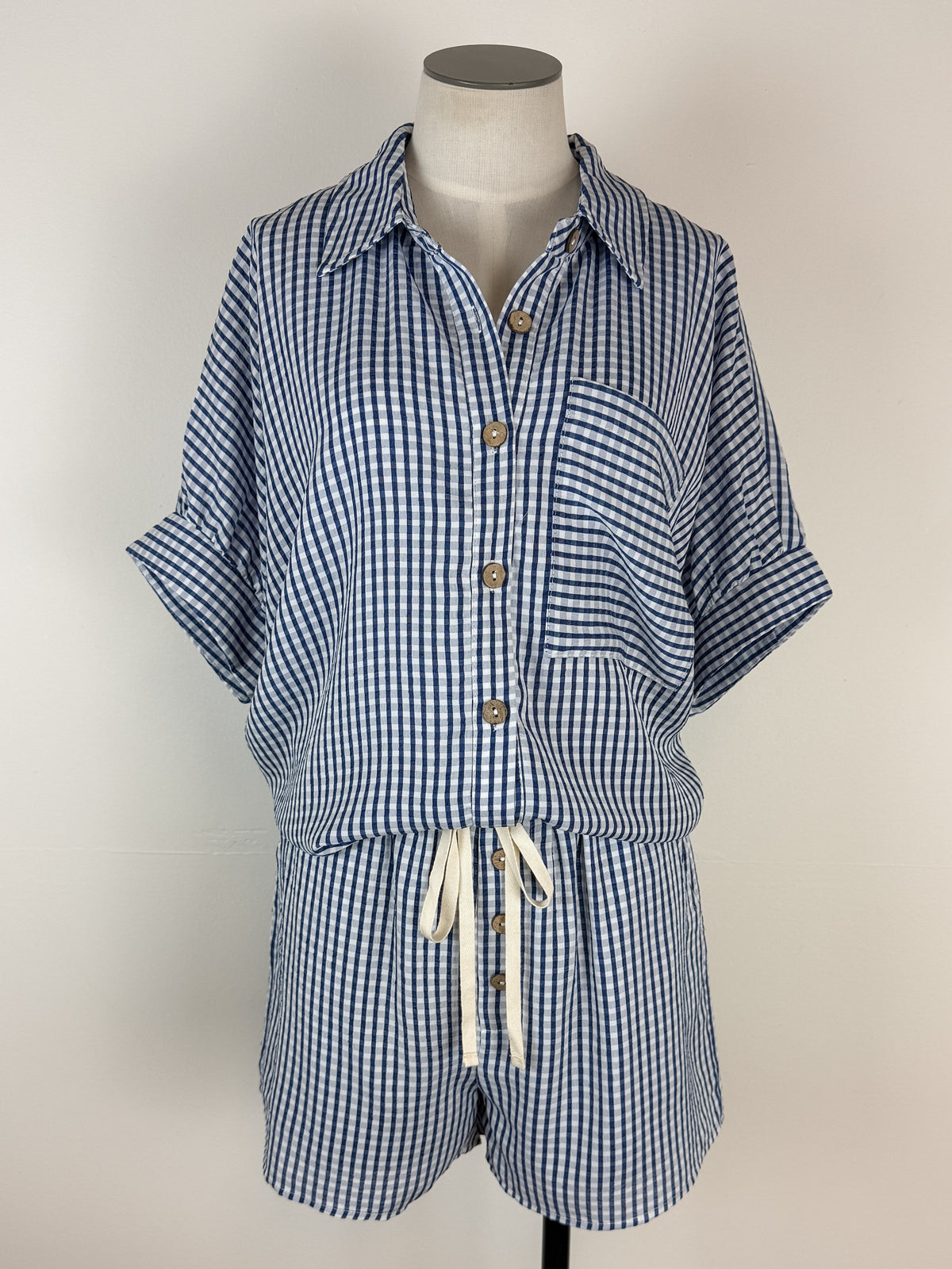 Sarah Gingham Button Up Set in Navy