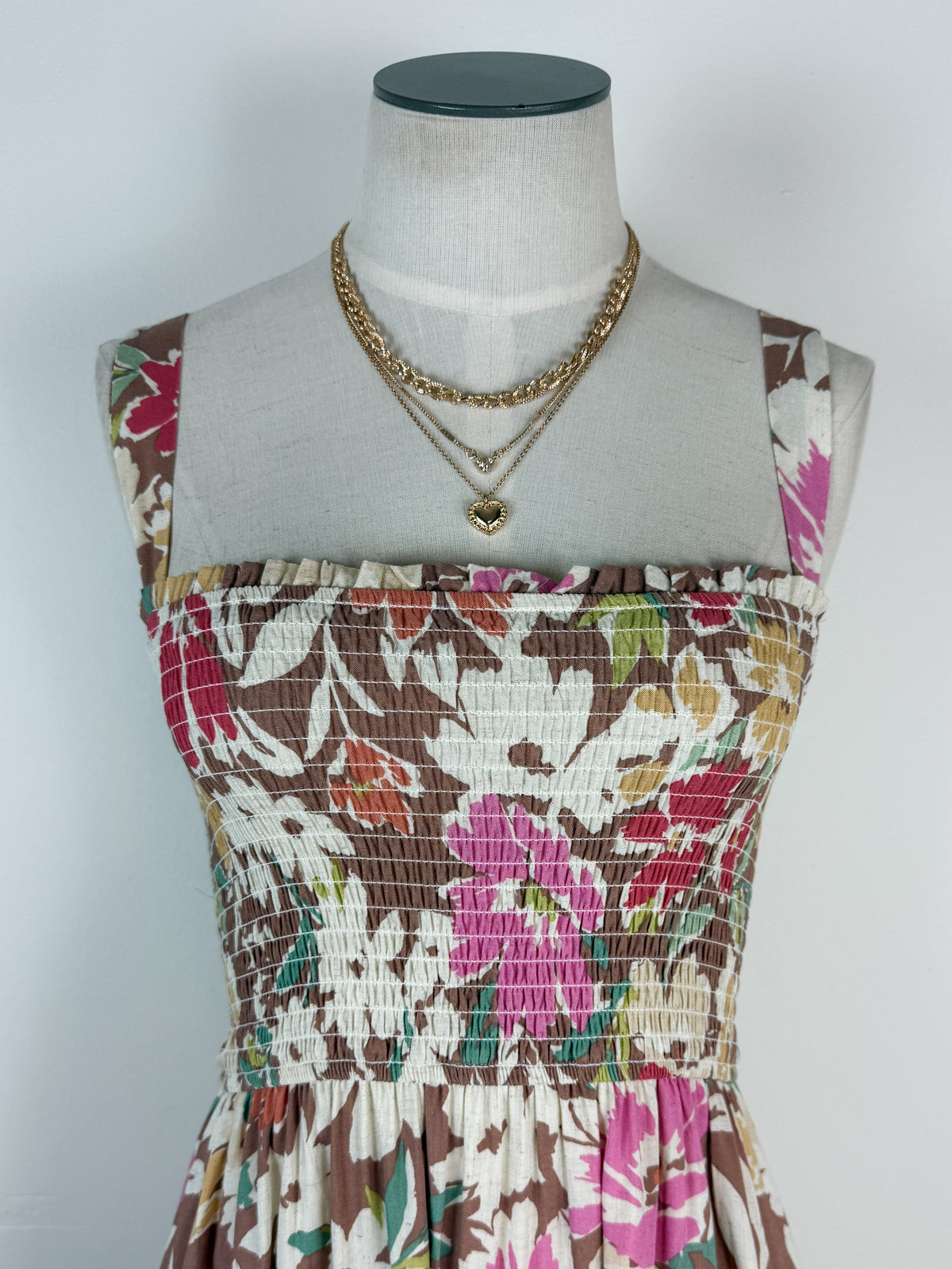Joyce Printed Smocked Midi Dress in Mocha Mix