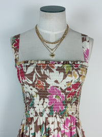 Joyce Printed Smocked Midi Dress in Mocha Mix