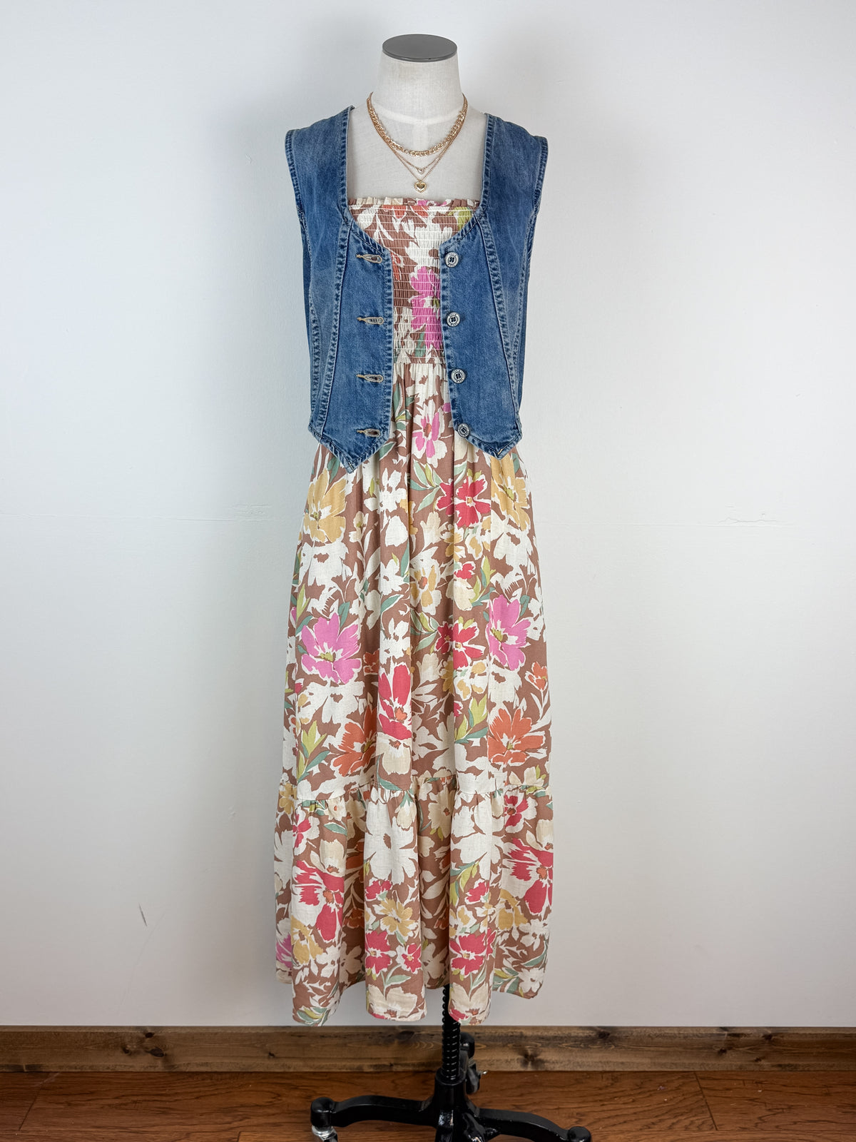 Joyce Printed Smocked Midi Dress in Mocha Mix