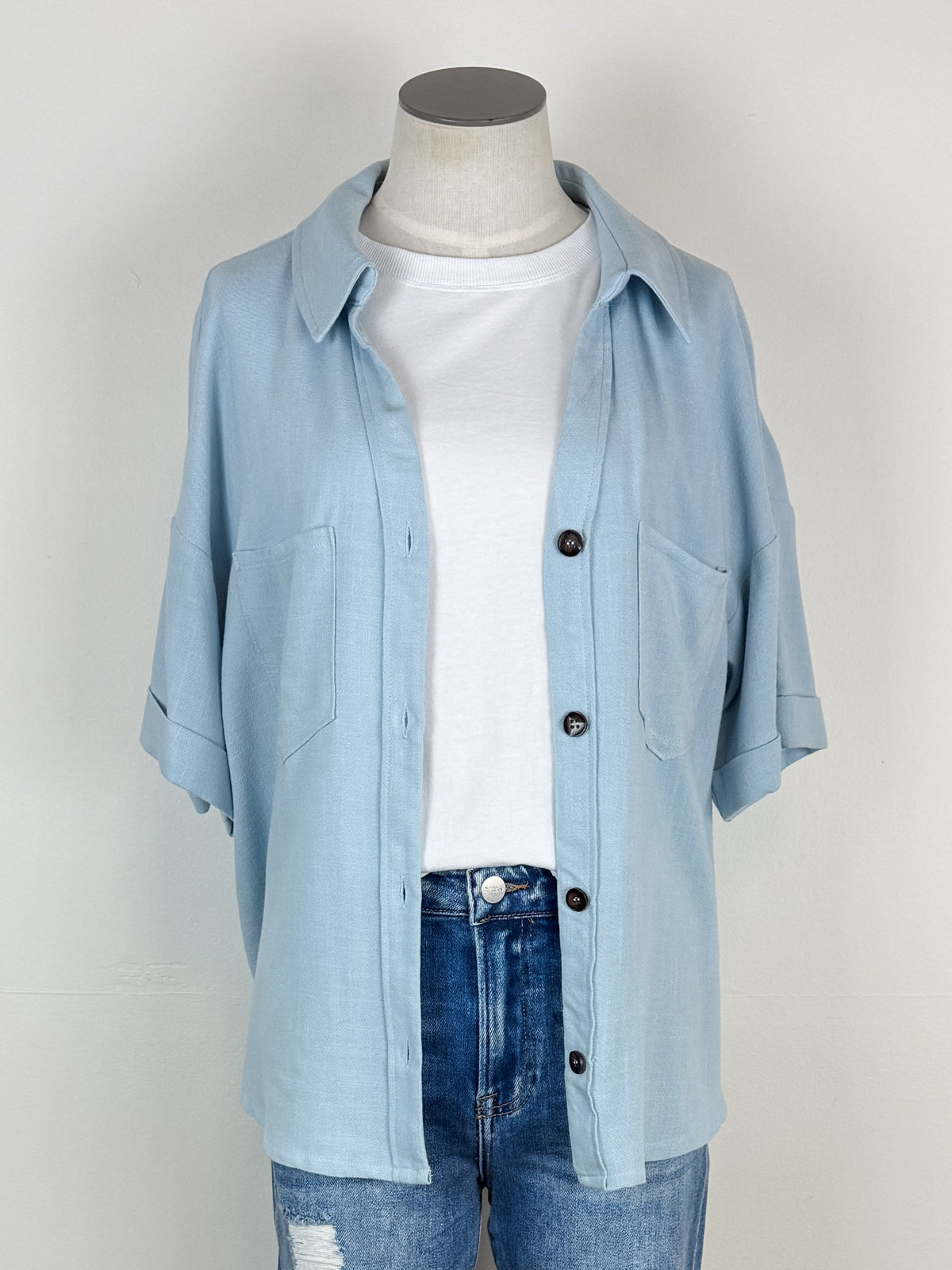 Lila Button Up Blouse in Light Blue