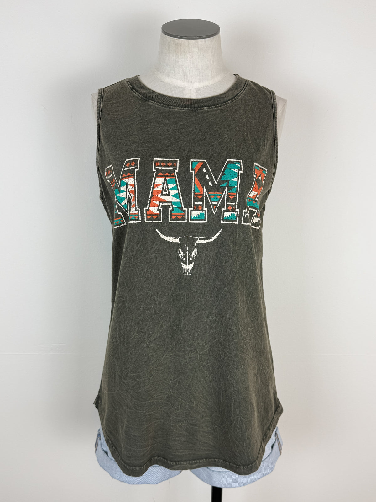 Aztec Print Mama Mineral Wash Tank in Olive