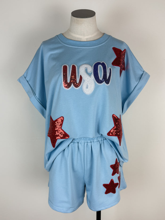 USA Sequin Star Set in Light Blue