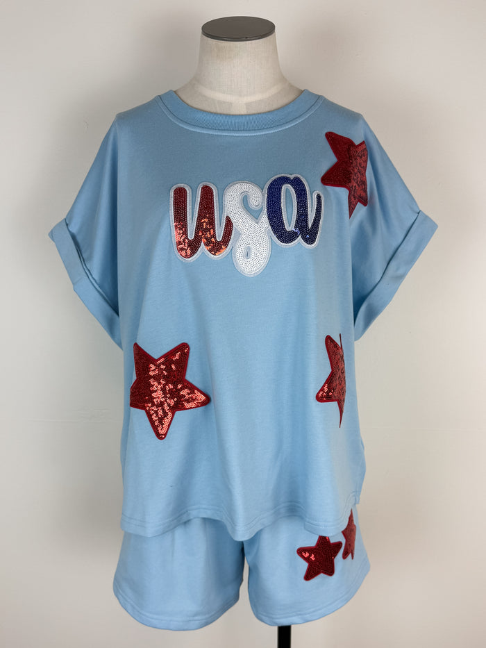 USA Sequin Star Set in Light Blue
