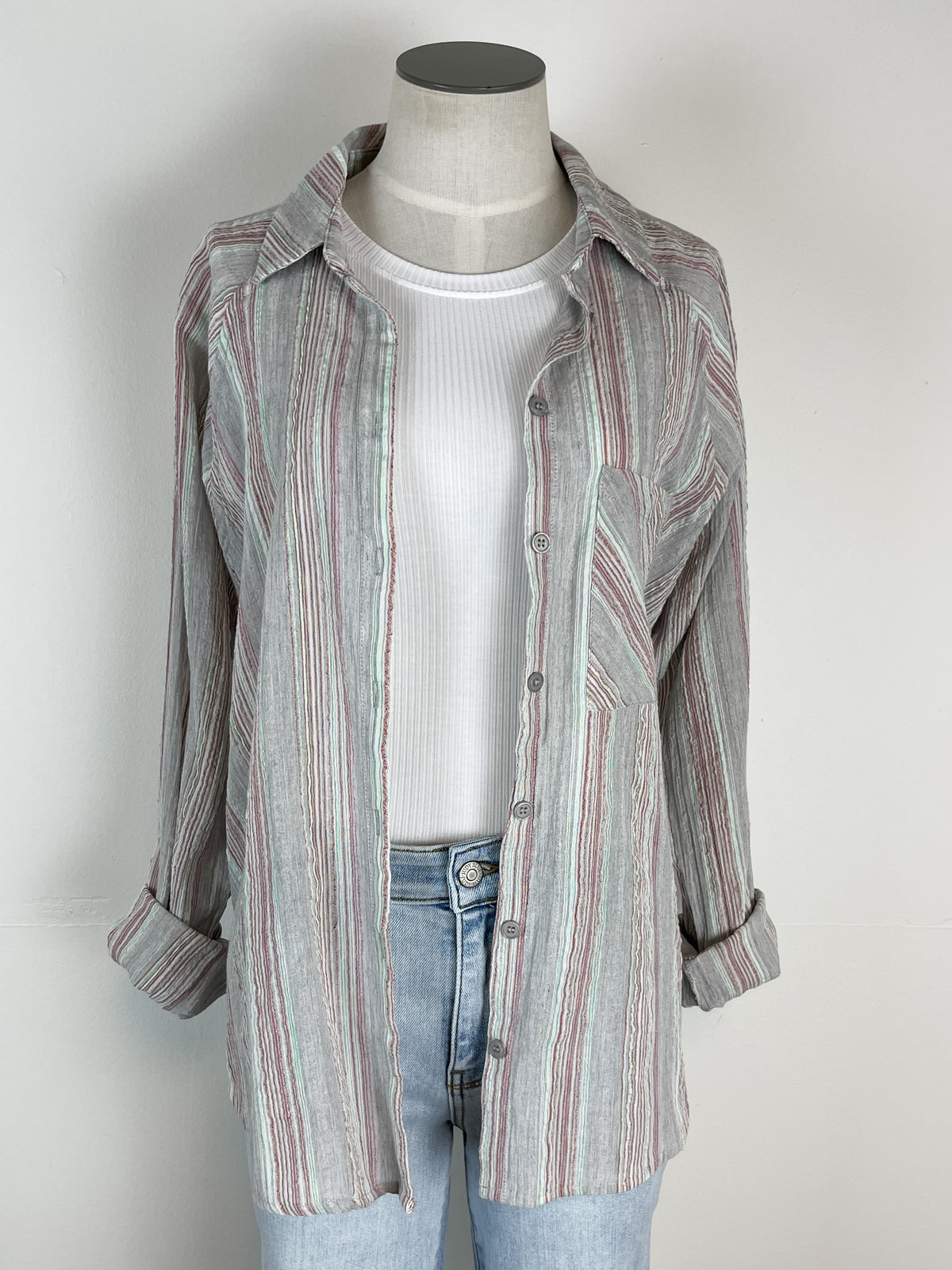 Striped Button Up in Light Grey