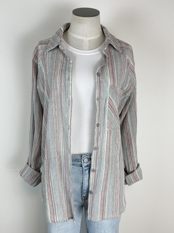 Striped Button Up in Light Grey