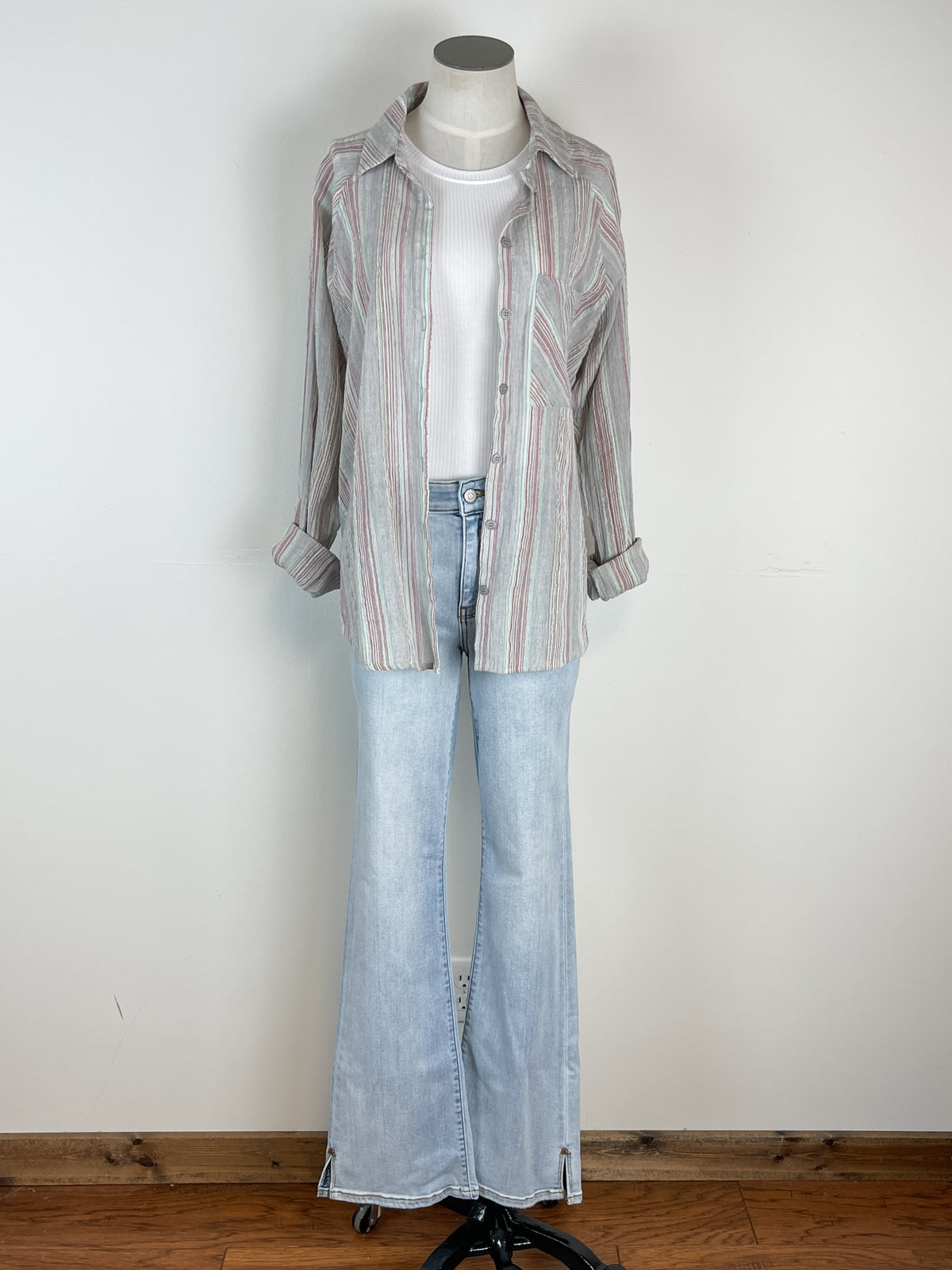Striped Button Up in Light Grey