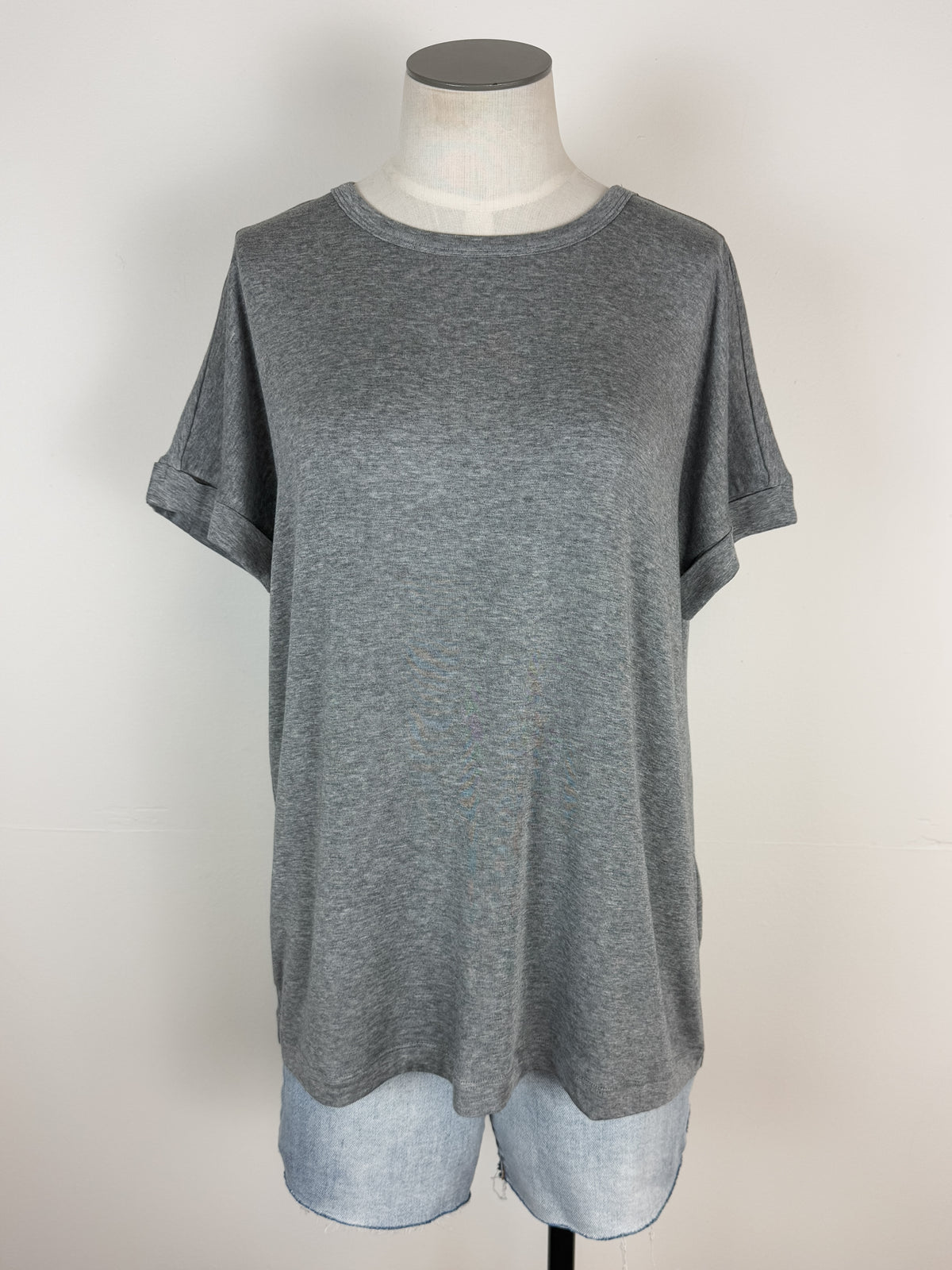 Sadie Basic Rolled Sleeve Tee in Heather Grey