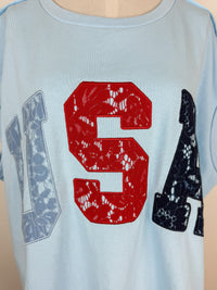 Nora Lace USA Oversized Tee in Light Blue