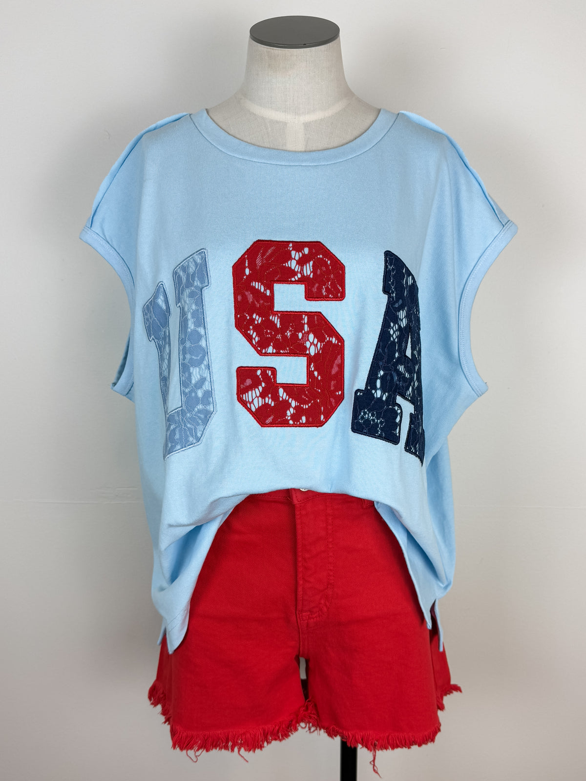 Nora Lace USA Oversized Tee in Light Blue