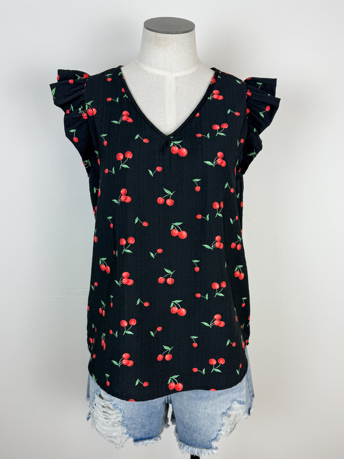Ashley Cherry Ruffle Sleeve Top in Black