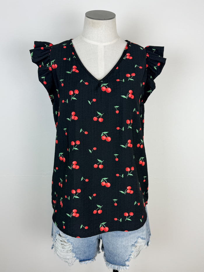 Ashley Cherry Ruffle Sleeve Top in Black