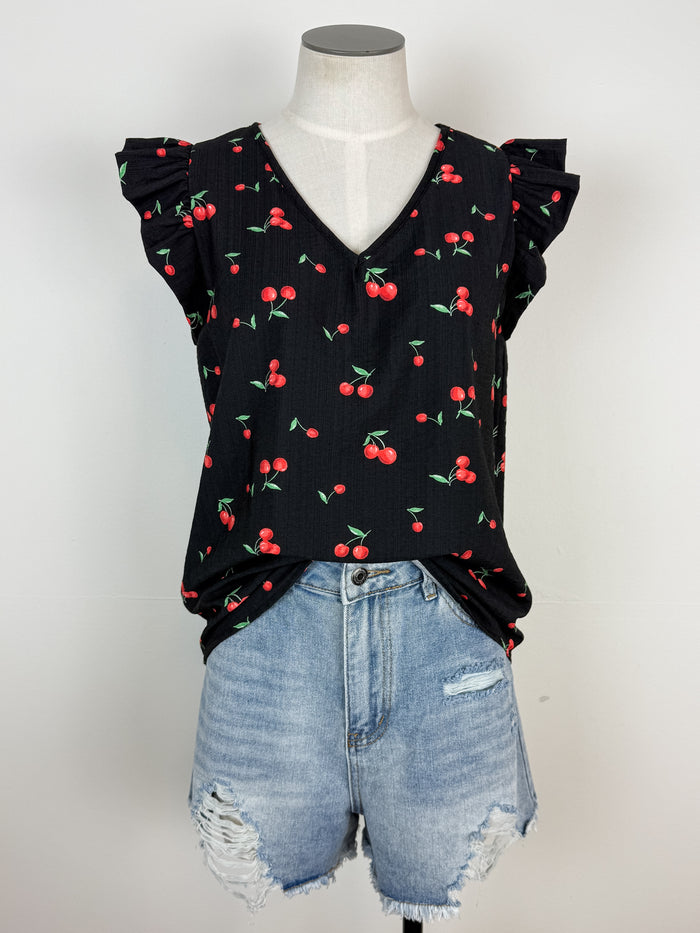 Ashley Cherry Ruffle Sleeve Top in Black
