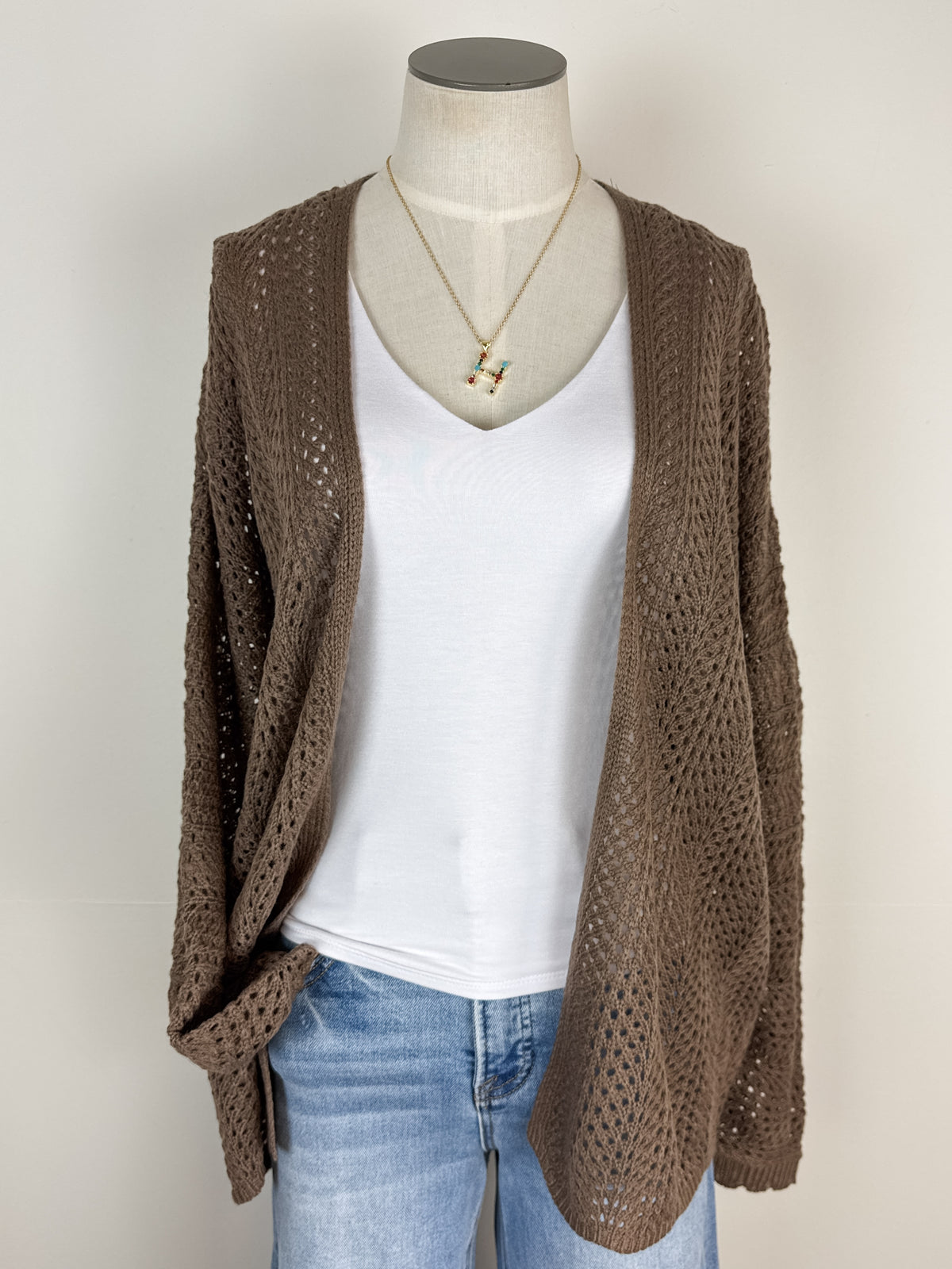 Macie Crochet Knit Cardigan in Brown