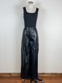 Faux Leather Cargo Pants in Black