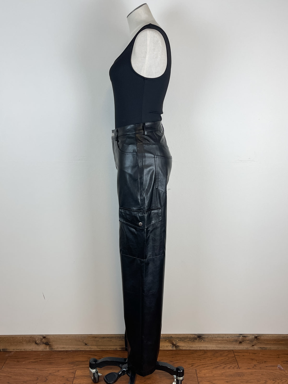 Faux Leather Cargo Pants in Black