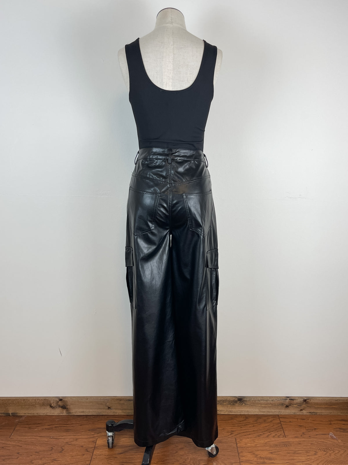 Faux Leather Cargo Pants in Black