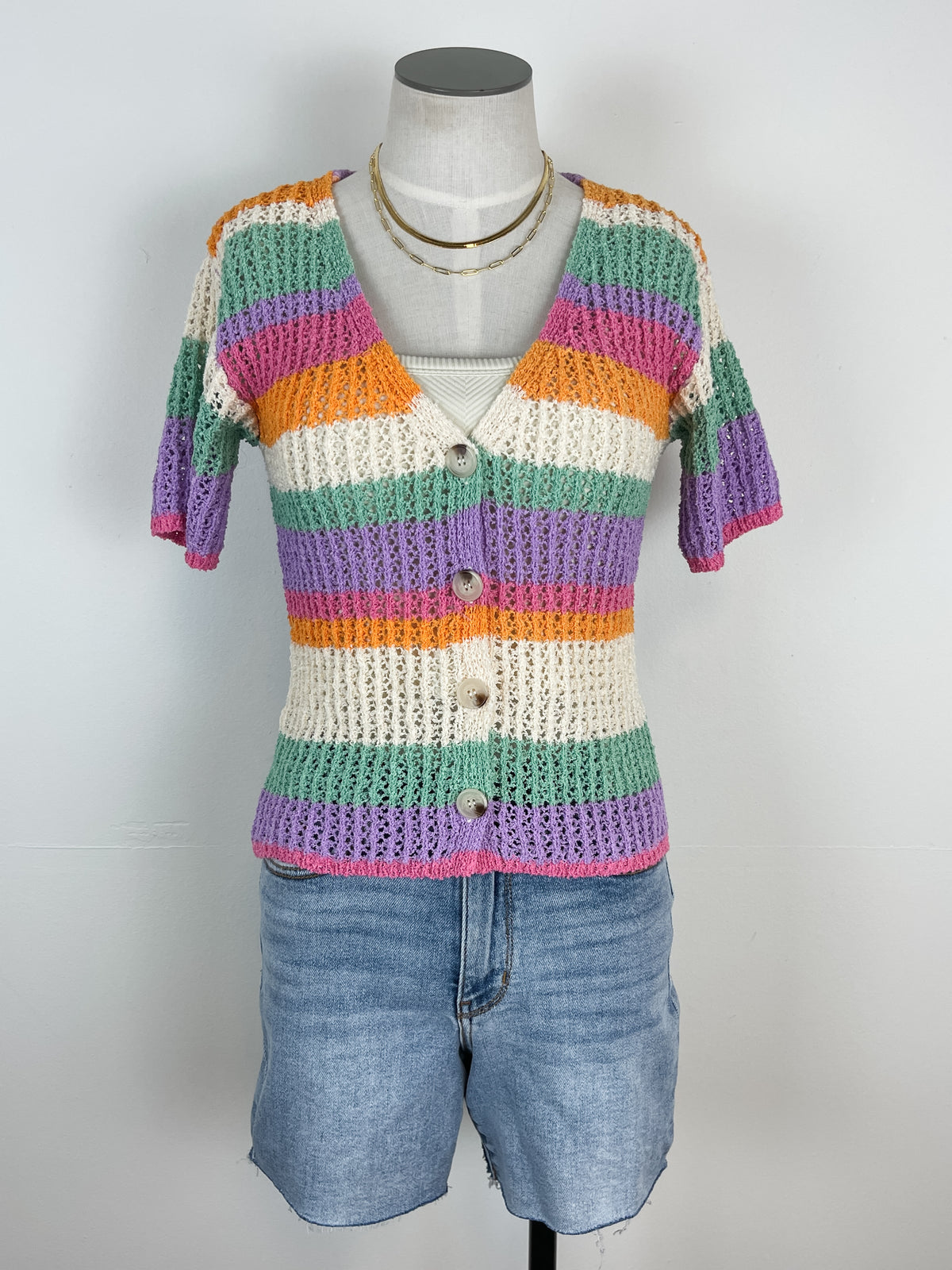 Maria Crochet Striped Cardigan in Rainbow
