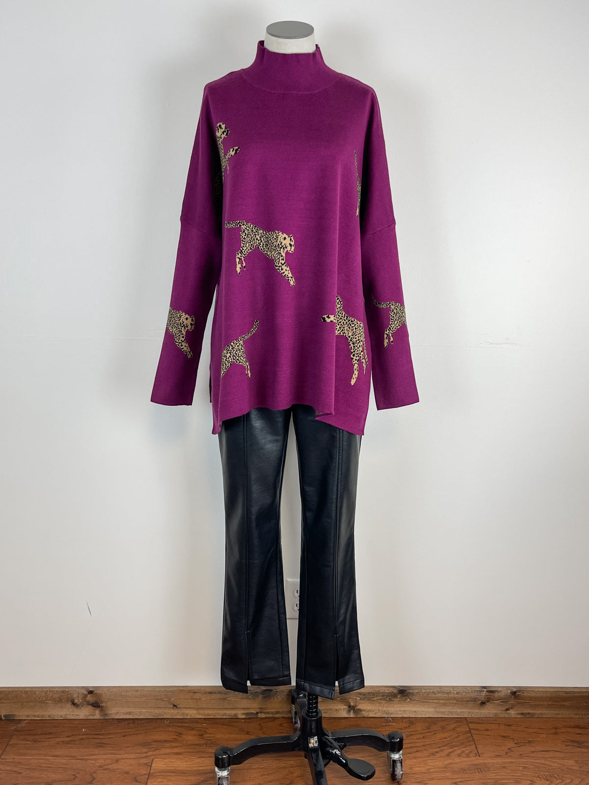 Lorelei Mock Neck Cheetah Print Sweater in Plum