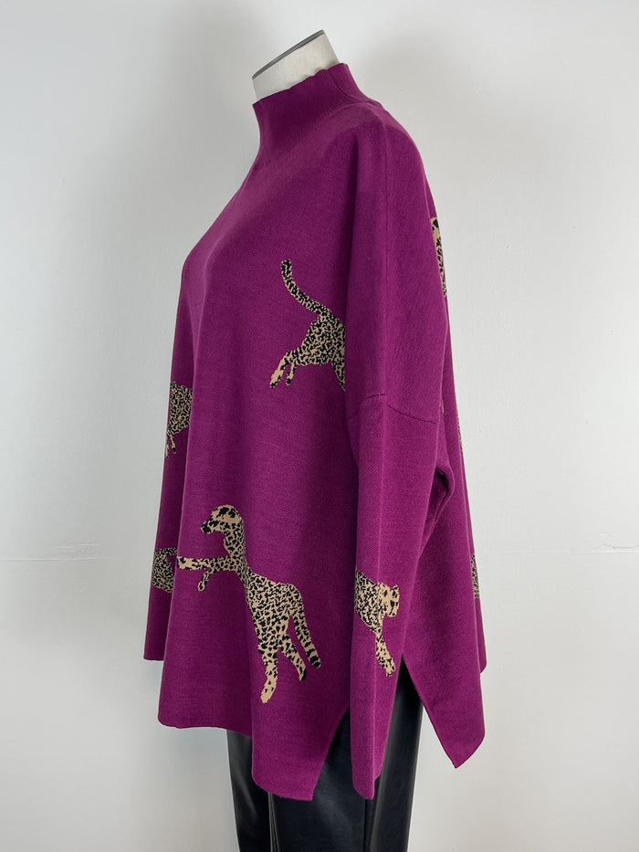 Lorelei Mock Neck Cheetah Print Sweater in Plum