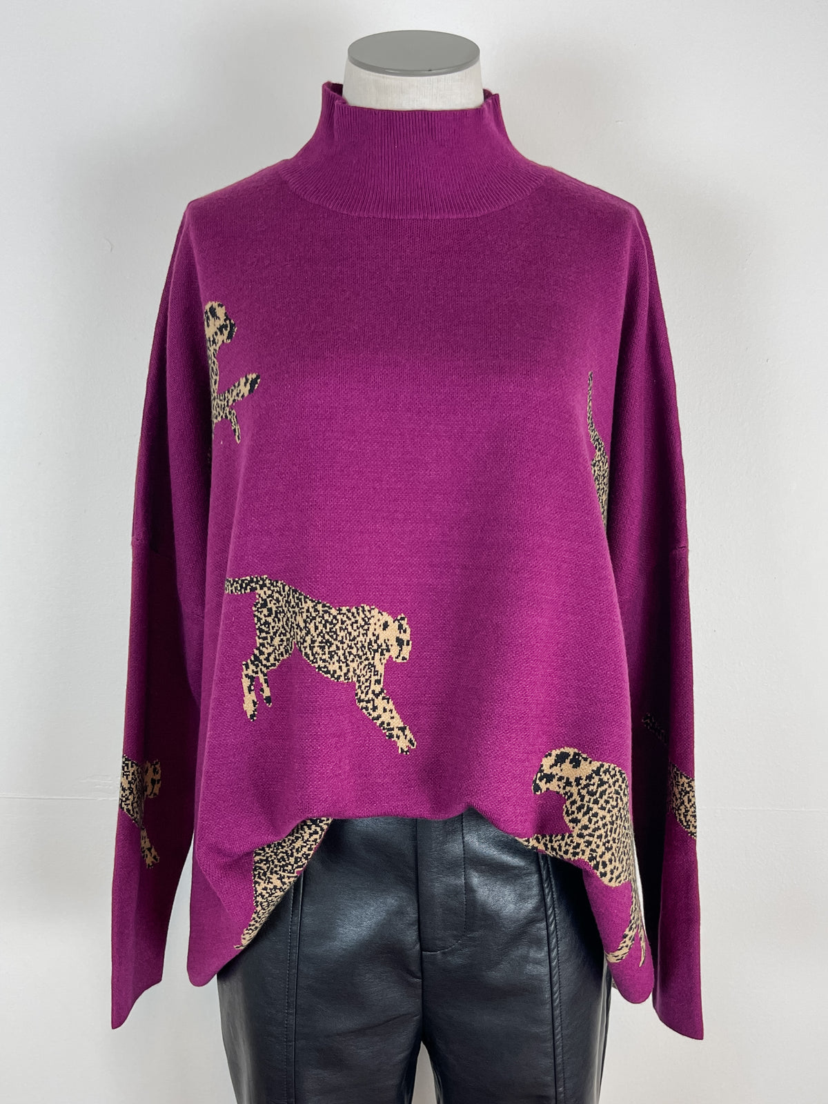 Lorelei Mock Neck Cheetah Print Sweater in Plum
