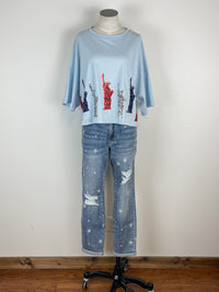 Ariel Statue of Liberty Sequin Tee in Baby Blue