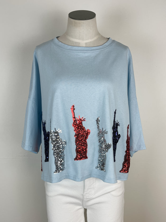 Ariel Statue of Liberty Sequin Tee in Baby Blue