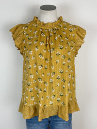 Emma Eyelet and Floral Ruffle Sleeve Top in Mustard