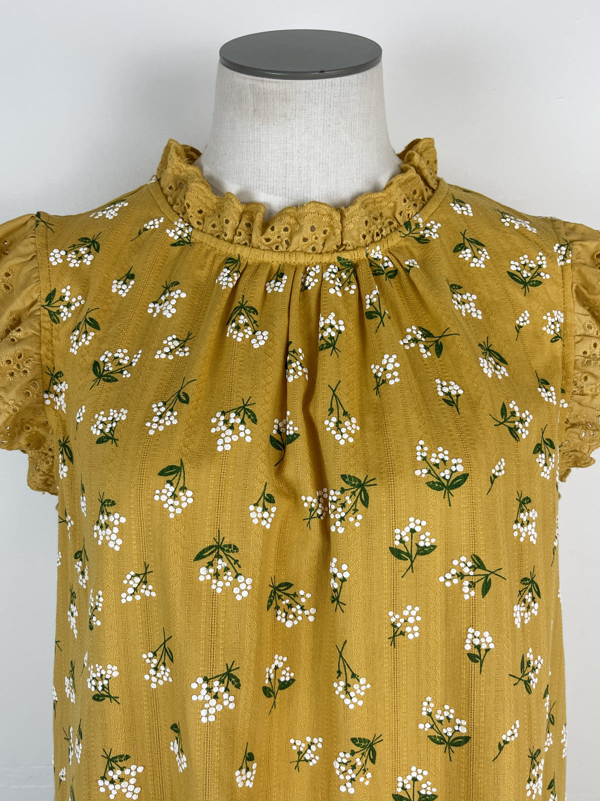 Emma Eyelet and Floral Ruffle Sleeve Top in Mustard