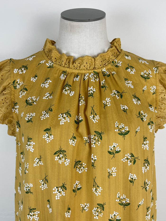 Emma Eyelet and Floral Ruffle Sleeve Top in Mustard