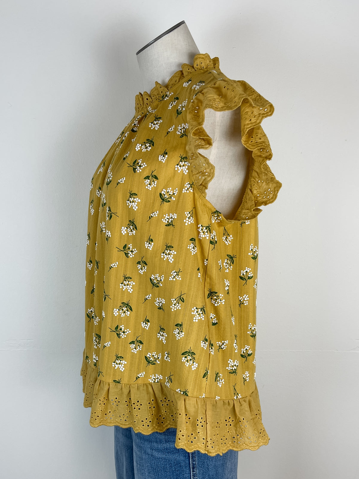 Emma Eyelet and Floral Ruffle Sleeve Top in Mustard