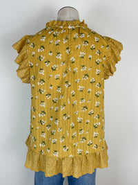 Emma Eyelet and Floral Ruffle Sleeve Top in Mustard