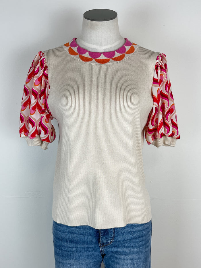 Gianna Printed Sleeve Top in Taupe