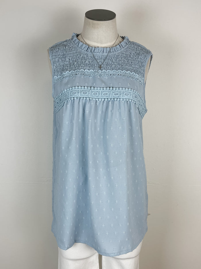 Quincy Swiss Dot and Smocked Tank in Misty Blue