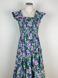 Elena Ruffle Sleeve Printed Midi Dress in Green