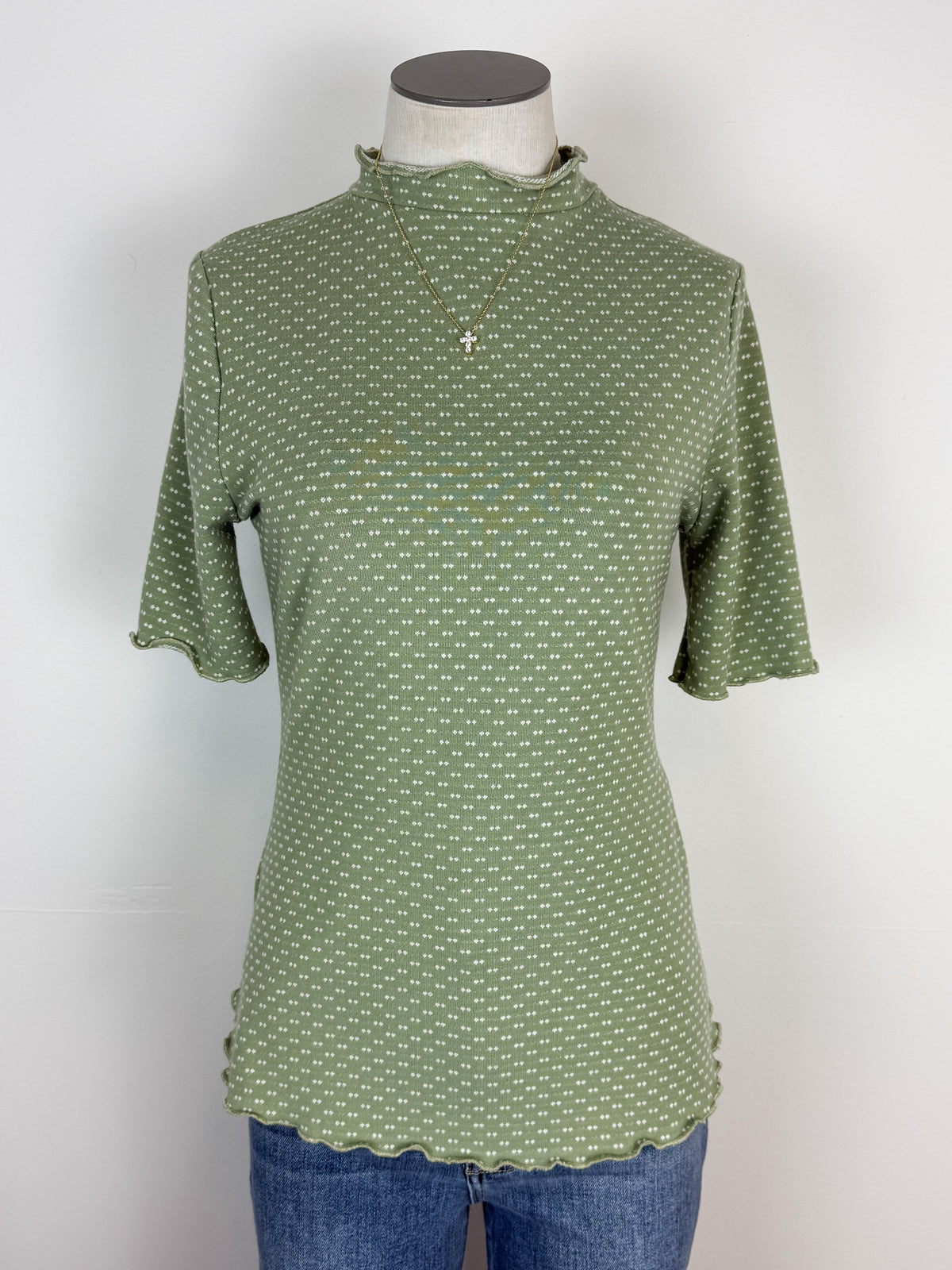 Amara Textured Mock Neck Short Sleeve in Light Olive
