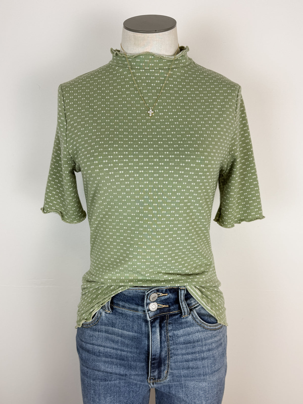 Amara Textured Mock Neck Short Sleeve in Light Olive