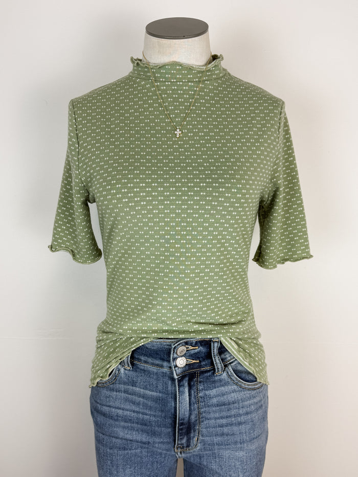 Amara Textured Mock Neck Short Sleeve in Light Olive