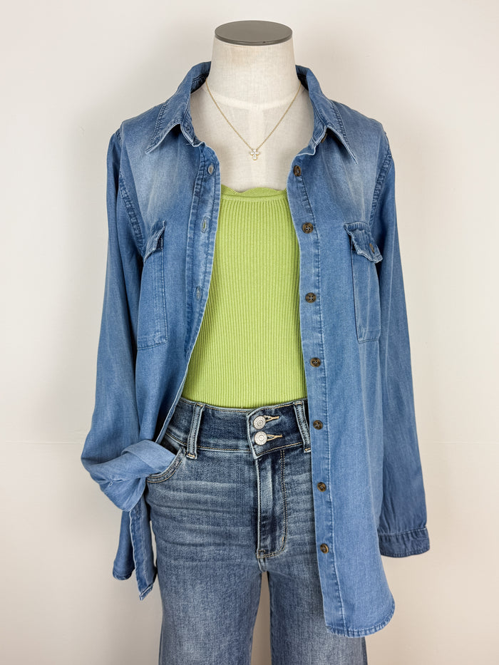 Mary Button Up Chambray Shirt in Blue