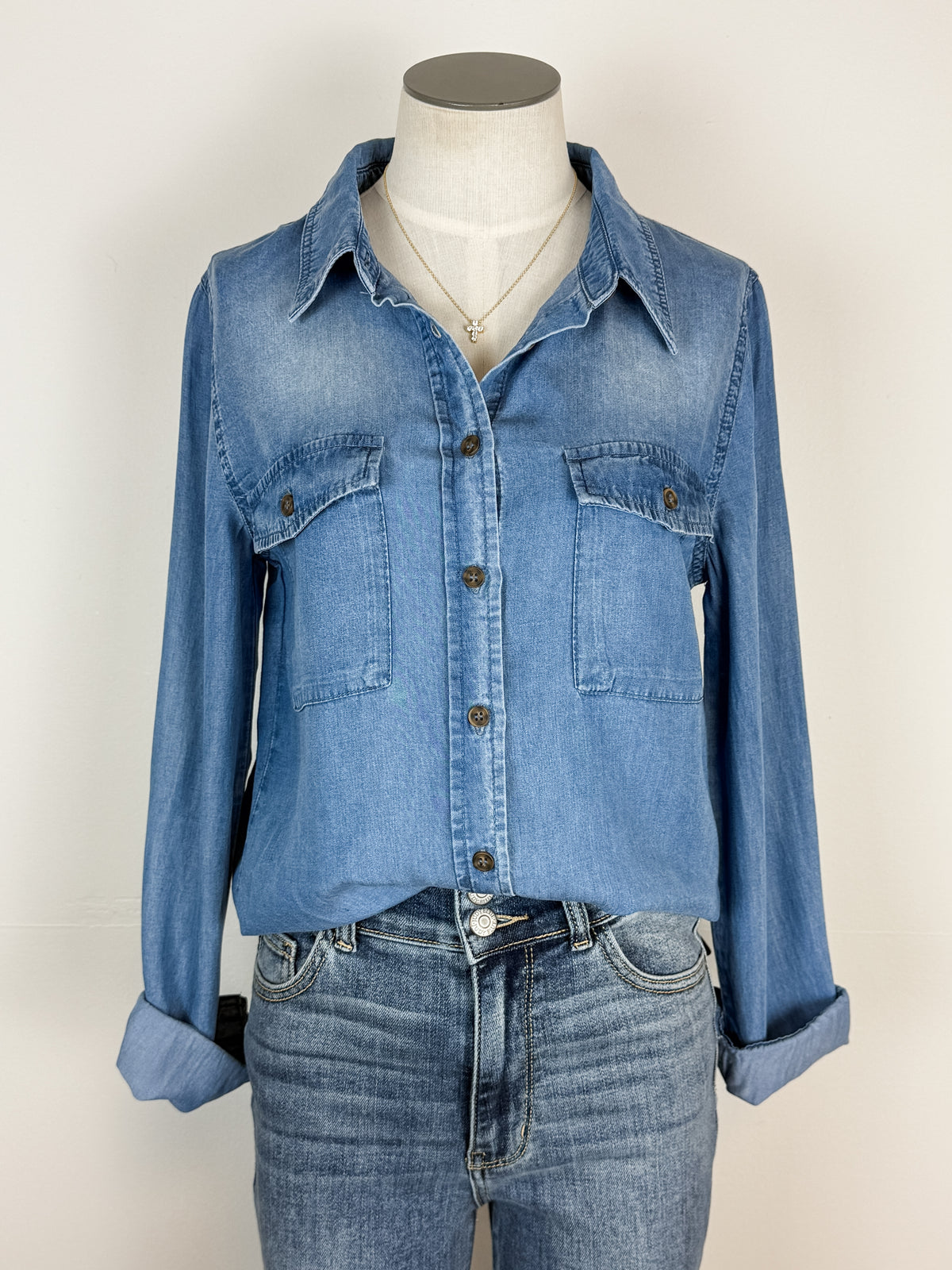 Mary Button Up Chambray Shirt in Blue