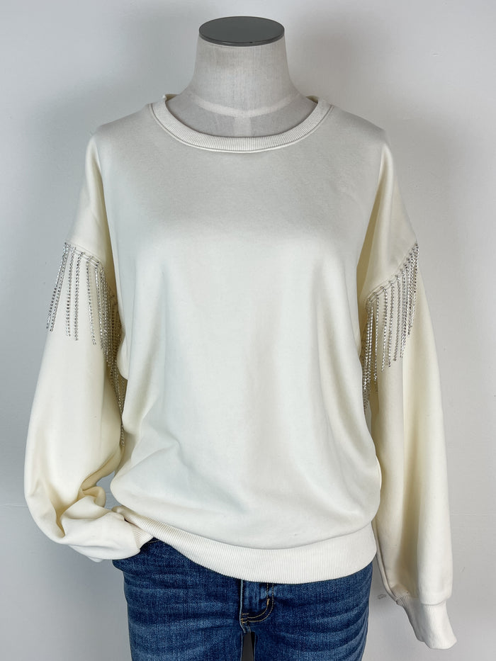 Nyla Rhinestone Crew Neck in Cream