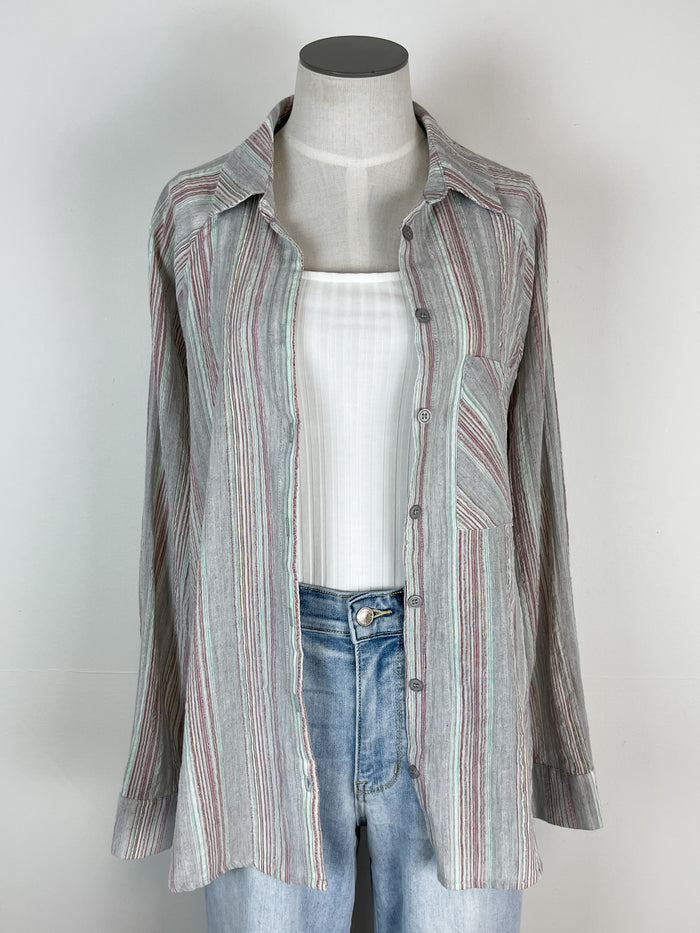 Striped Button Up in Light Grey