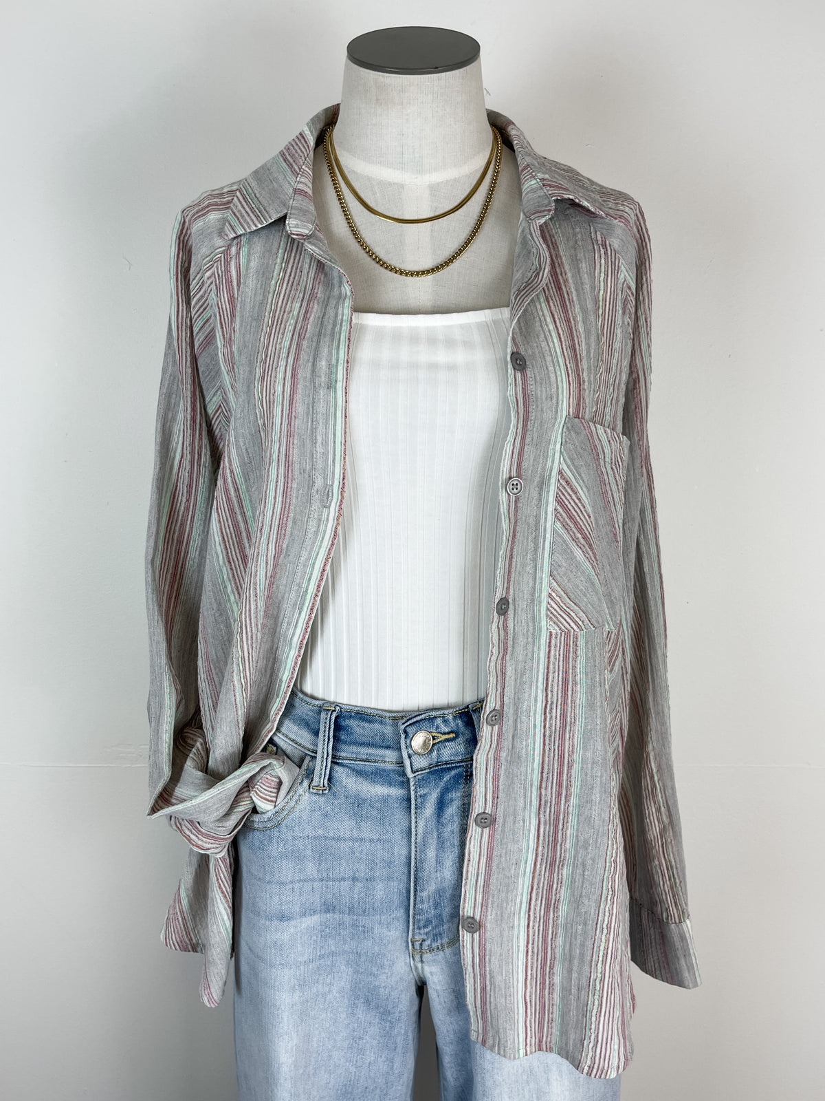 Striped Button Up in Light Grey