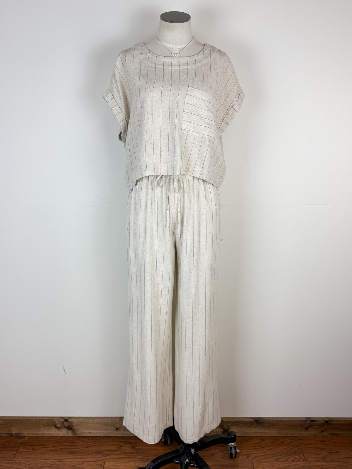Maya Pinstripe Back Button Top in Oatmeal