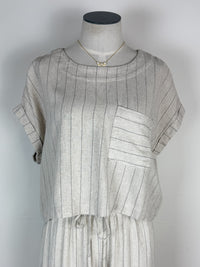 Maya Pinstripe Back Button Top in Oatmeal