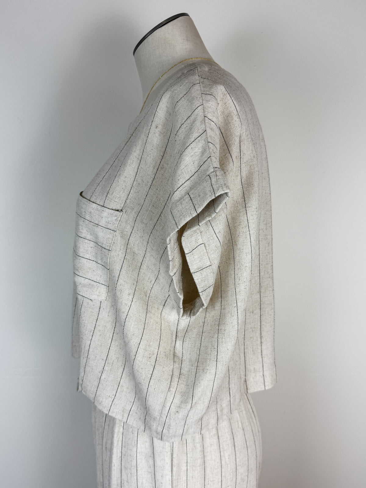 Maya Pinstripe Back Button Top in Oatmeal