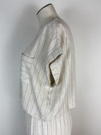 Maya Pinstripe Back Button Top in Oatmeal